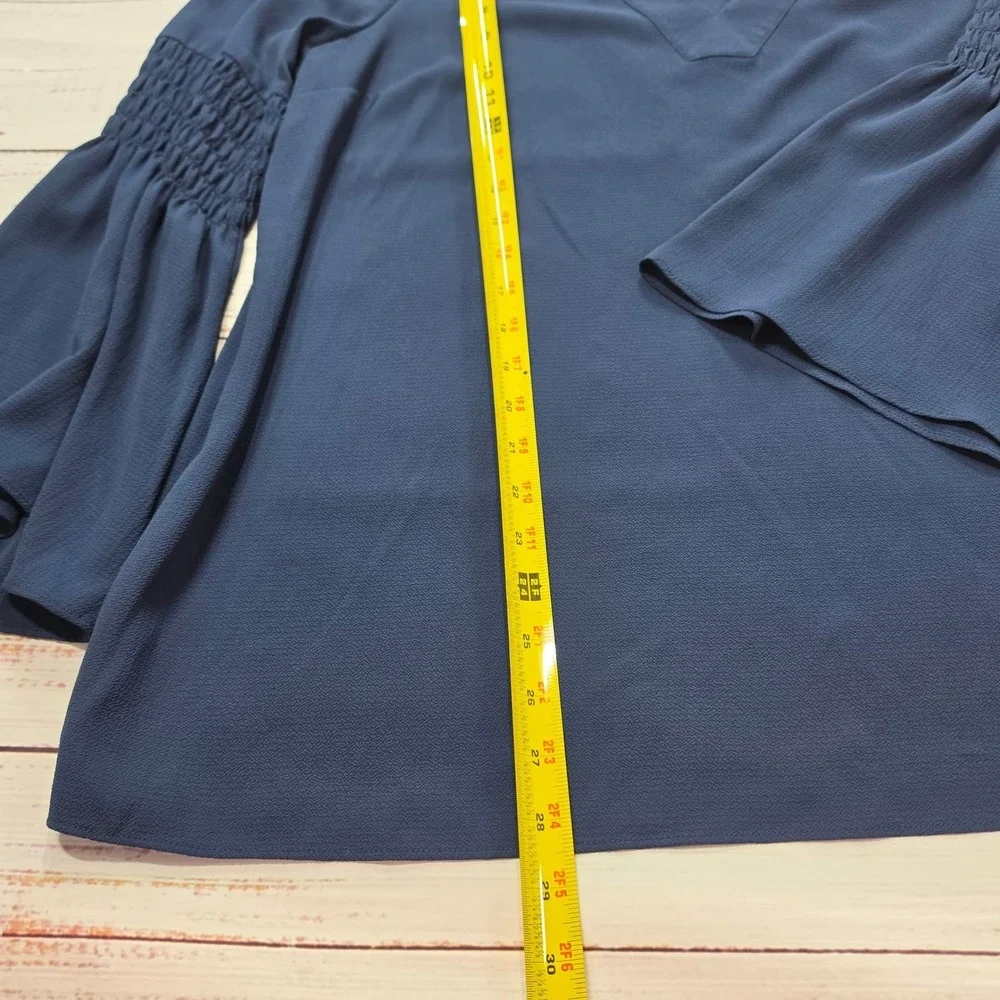 Michael Kors V Neck Blouse Women XL Navy Blue Excellent Smocked Bell Sleeve